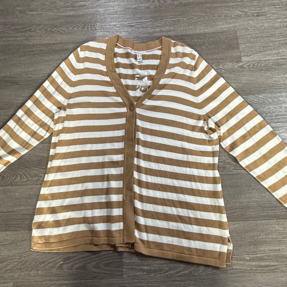 Isaac Mizrahi Live Womens Brown White Striped V-Neck Button Front Cardigan L